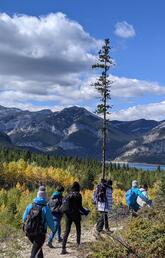 A group of people hiking in the mountains in Kananaskis Country